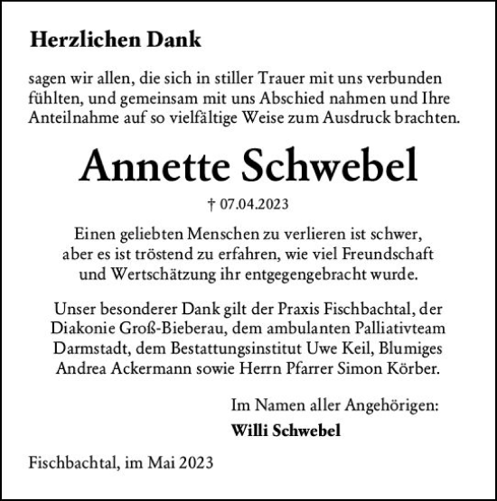 Traueranzeige von Annette Schwebel von Odenwälder Echo