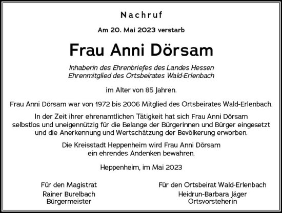 Traueranzeige von Anni Dörsam von Starkenburger Echo