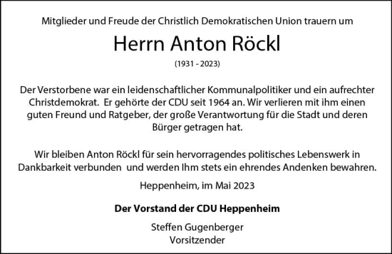 Traueranzeige von Anton Röckl von Starkenburger Echo