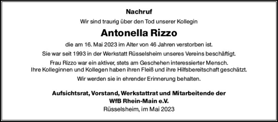 Traueranzeige von Antonella Rizzo von Rüsselsheimer Echo