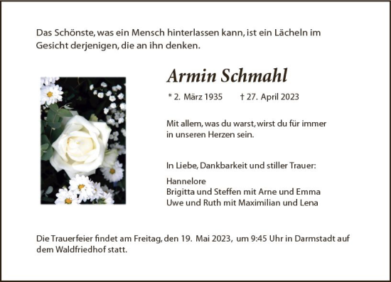 Traueranzeige von Armin Schmahl von Darmstädter Echo