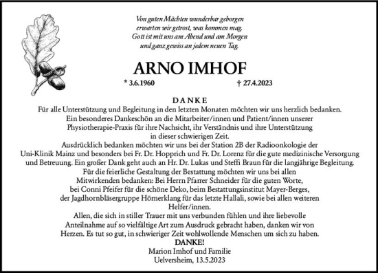 Traueranzeige von Arno Imhof von Allgemeine Zeitung Mainz