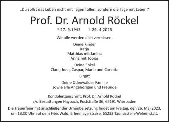 Traueranzeige von Arnold Röckel von Wiesbadener Kurier