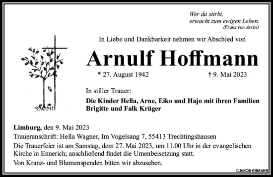 Traueranzeige von Arnulf Hoffmann von Nassauische Neue Presse