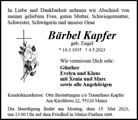 Traueranzeige von Bärbel Kapfer von Allgemeine Zeitung Mainz