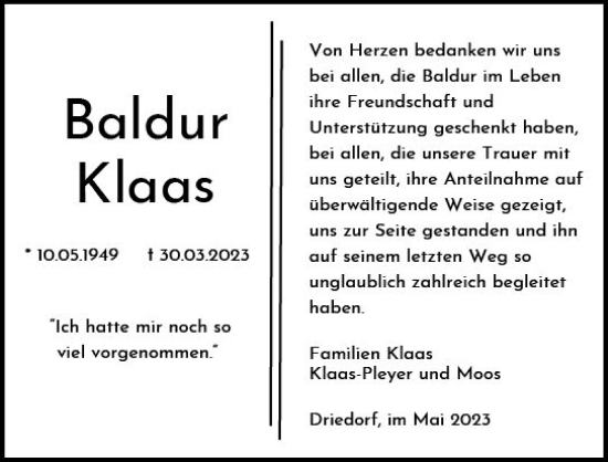 Traueranzeige von Baldur Klaas von Dill Block