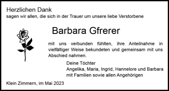 Traueranzeige von Barbara Gfrerer von Dieburger Anzeiger/Groß-Zimmerner Lokal-Anzeiger