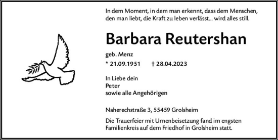 Traueranzeige von Barbara Reutershan von Allgemeine Zeitung Bingen/Ingelheim