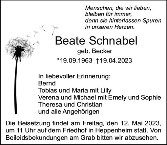 Traueranzeige von Beate Schnabel von Starkenburger Echo