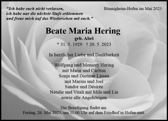 Traueranzeige von Beate Maria Hering von Nassauische Neue Presse