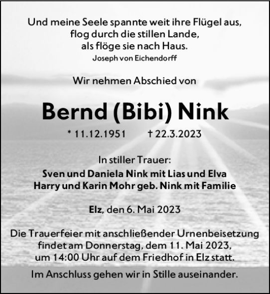 Traueranzeige von Bernd  Nink von Nassauische Neue Presse