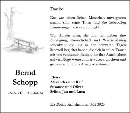 Traueranzeige von Bernd Schopp von Allgemeine Zeitung Alzey