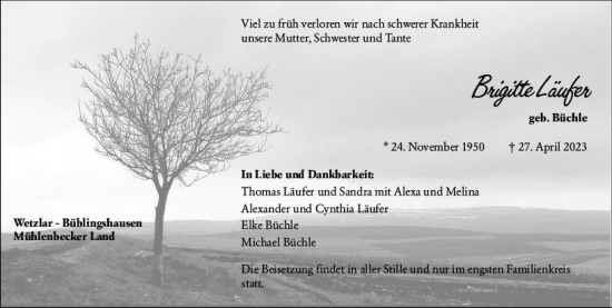 Traueranzeige von Brigitte Läufer von Wetzlarer Neue Zeitung