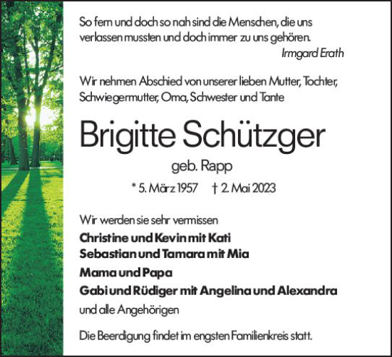 Traueranzeige von Brigitte Schützger von Allgemeine Zeitung Bingen/Ingelheim