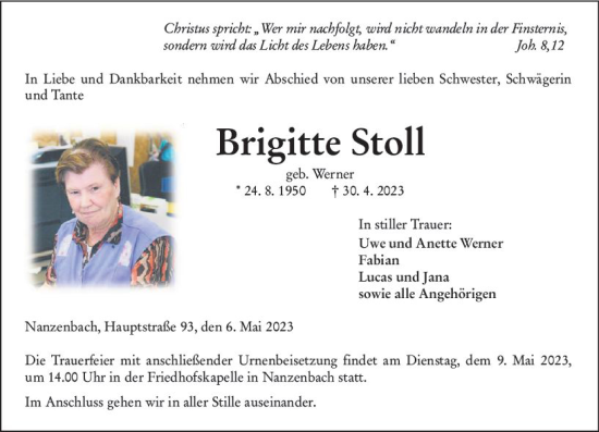 Traueranzeige von Brigitte Stoll von Dill Block