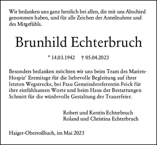 Traueranzeige von Brunhild Echterbruch von Dill Block