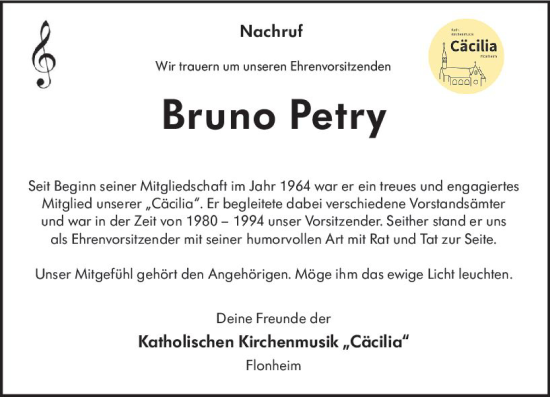 Traueranzeige von Bruno Petry von Allgemeine Zeitung Alzey