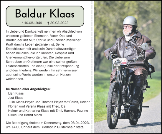 Traueranzeige von Baldur Klaas von Dill Block