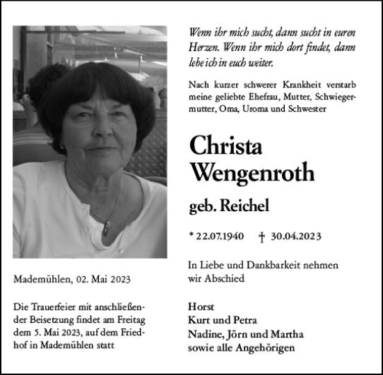 Traueranzeige von Christa Wengenroth von Dill Block