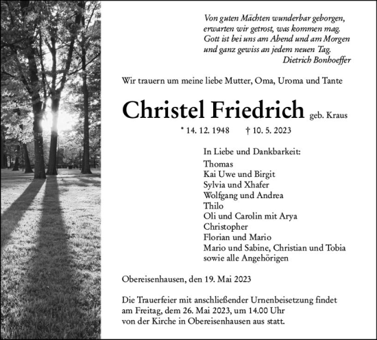 Traueranzeige von Christel Friedrich von Hinterländer Anzeiger