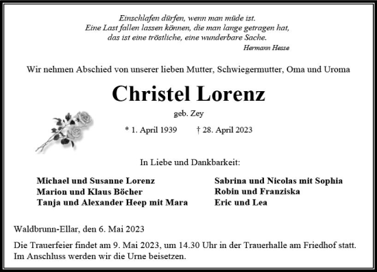 Traueranzeige von Christel Lorenz von Nassauische Neue Presse
