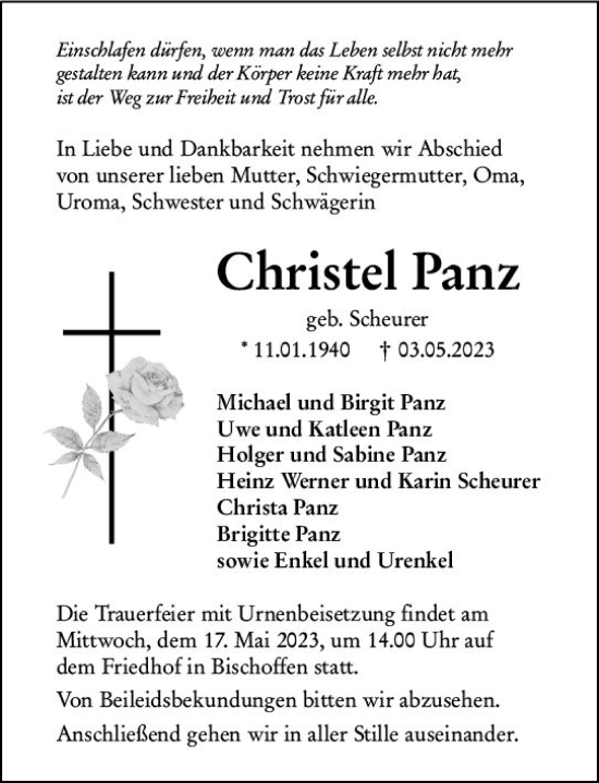 Traueranzeige von Christel Panz von Dill Block