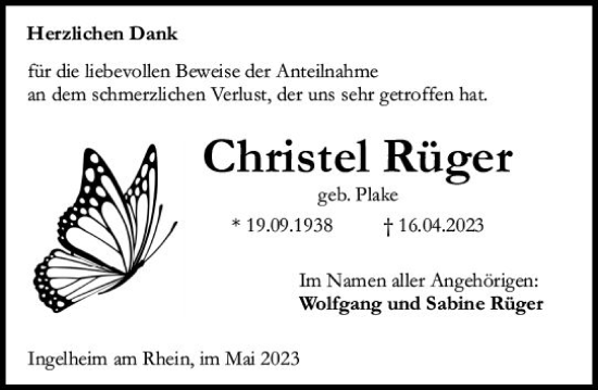 Traueranzeige von Christel Rüger von Allgemeine Zeitung Bingen/Ingelheim
