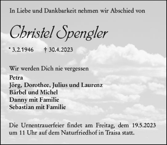 Traueranzeige von Christel Spengler von Darmstädter Echo