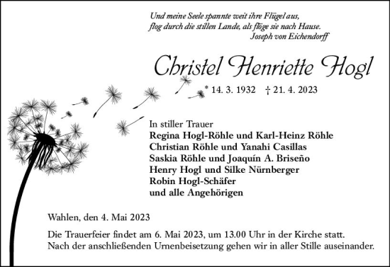 Traueranzeige von Christel Henriette Hogl von VRM Trauer