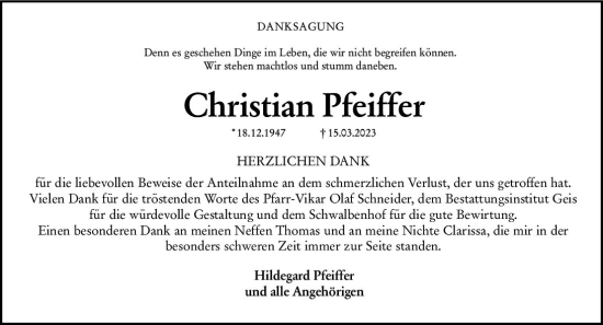 Traueranzeige von Christian Pfeiffer von Allgemeine Zeitung Alzey