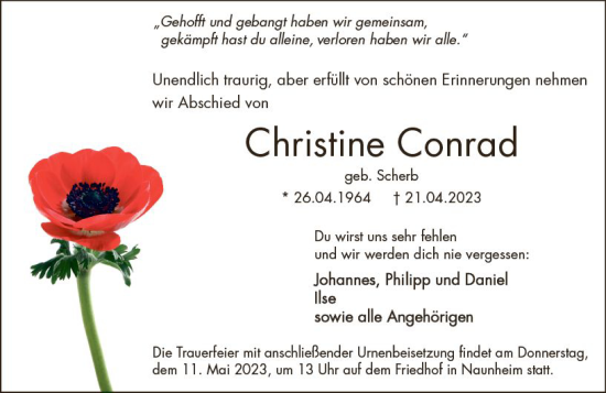 Traueranzeige von Christine Conrad von Wetzlarer Neue Zeitung