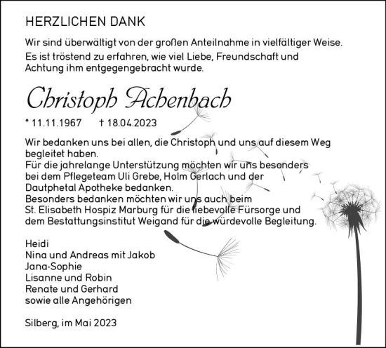 Traueranzeige von Christoph Achenbach von Hinterländer Anzeiger