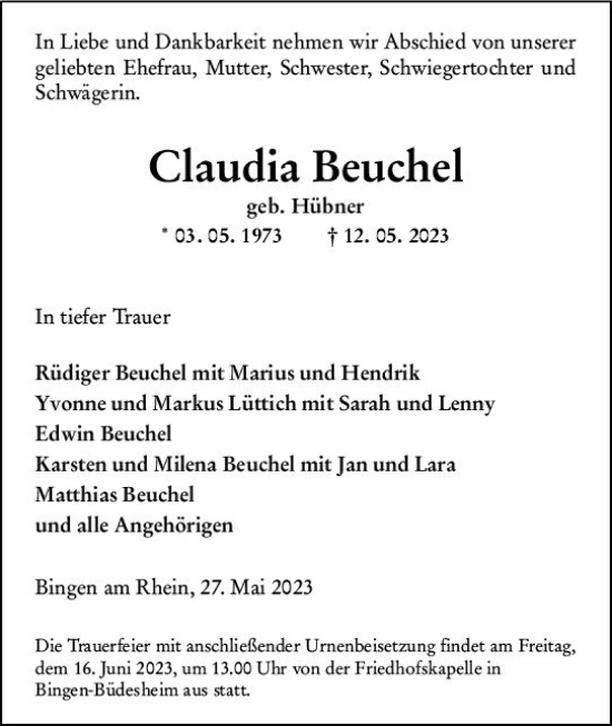Traueranzeige von Claudia Beuchel von Allgemeine Zeitung Bingen/Ingelheim