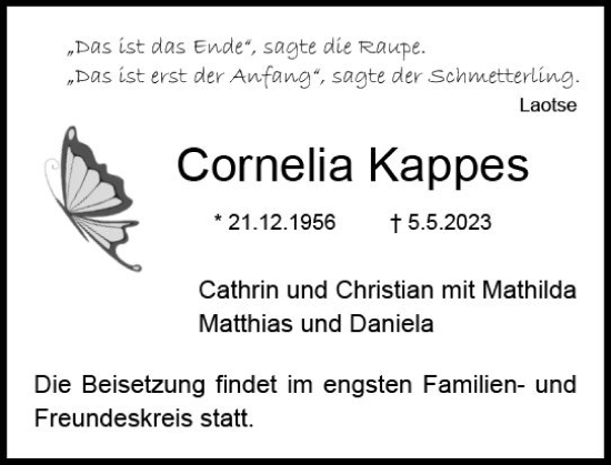 Traueranzeige von Cornelia Kappes von Dieburger Anzeiger/Groß-Zimmerner Lokal-Anzeiger