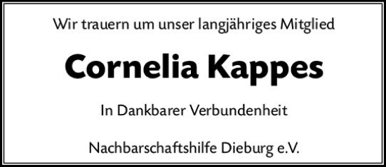 Traueranzeige von Cornelia Kappes von Dieburger Anzeiger/Groß-Zimmerner Lokal-Anzeiger