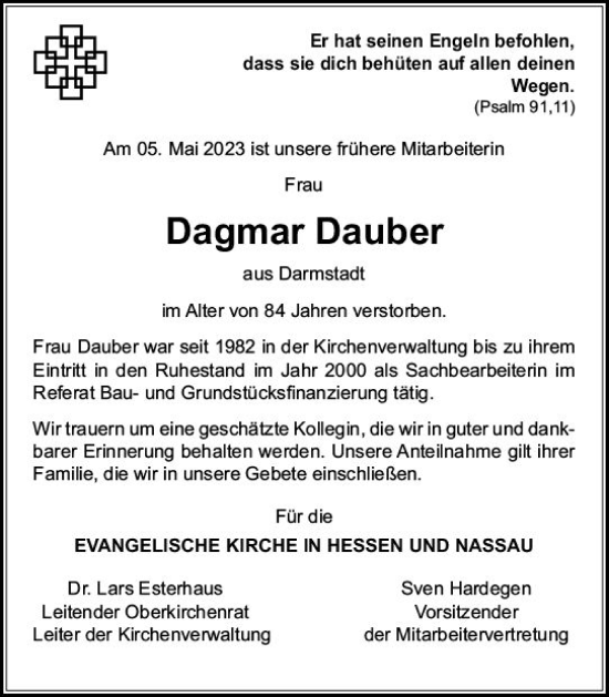 Traueranzeige von Dagmar Dauber von Darmstädter Echo