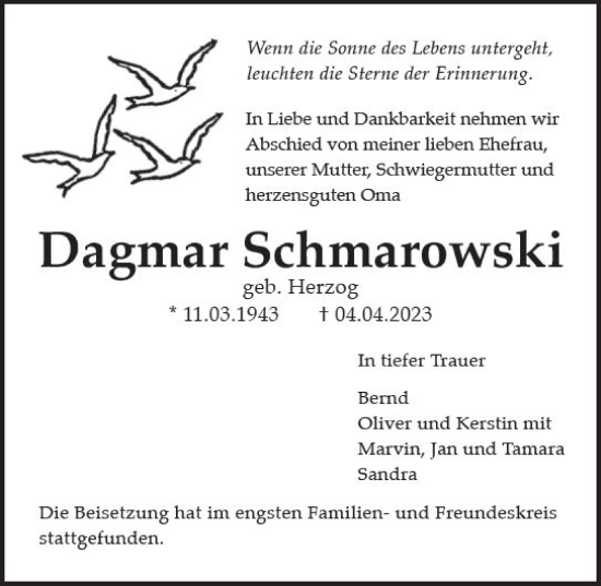 Traueranzeige von Dagmar Schmarowski von Wiesbadener Kurier