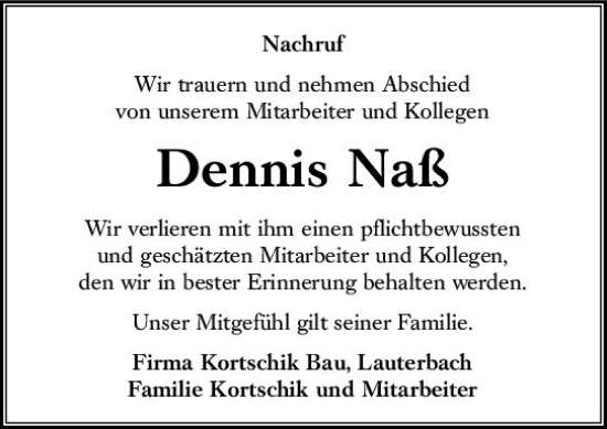 Traueranzeige von Dennis Naß von VRM Trauer