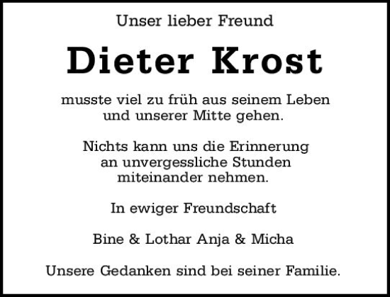 Traueranzeige von Dieter Krost von Wiesbadener Kurier