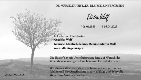 Traueranzeige von Dieter Wolf von Wetzlarer Neue Zeitung