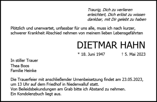 Traueranzeige von Dietmar Hahn von Wiesbadener Kurier