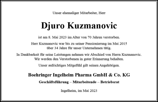 Traueranzeige von Djuro Kuzmanovic von Allgemeine Zeitung Bingen/Ingelheim