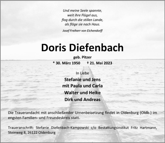 Traueranzeige von Doris Diefenbach von Hinterländer Anzeiger