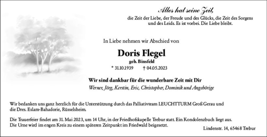 Traueranzeige von Doris Flegel von Rüsselsheimer Echo
