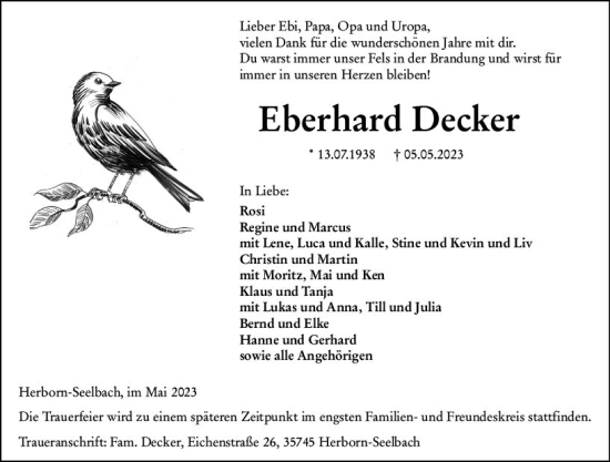 Traueranzeige von Eberhard Decker von Dill Block
