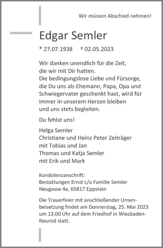 Traueranzeige von Edgar Semler von Wiesbadener Kurier