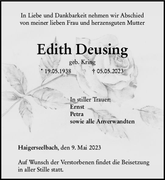 Traueranzeige von Edith Deusing von Dill Block