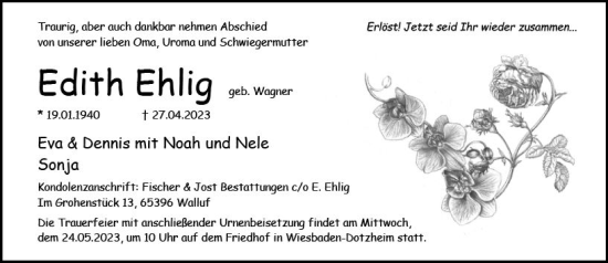 Traueranzeige von Edith Ehlig von Wiesbadener Kurier