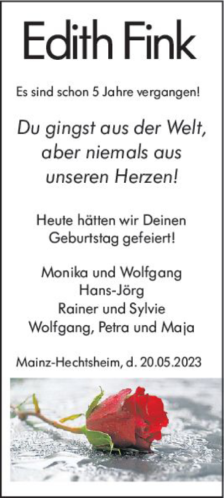 Traueranzeige von Edith Fink von Allgemeine Zeitung Mainz