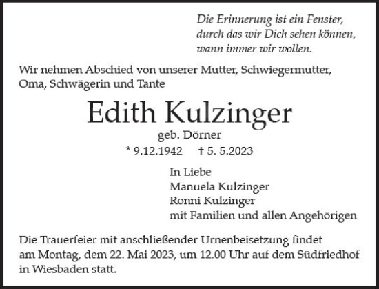 Traueranzeige von Edith Kulzinger von Wiesbadener Kurier